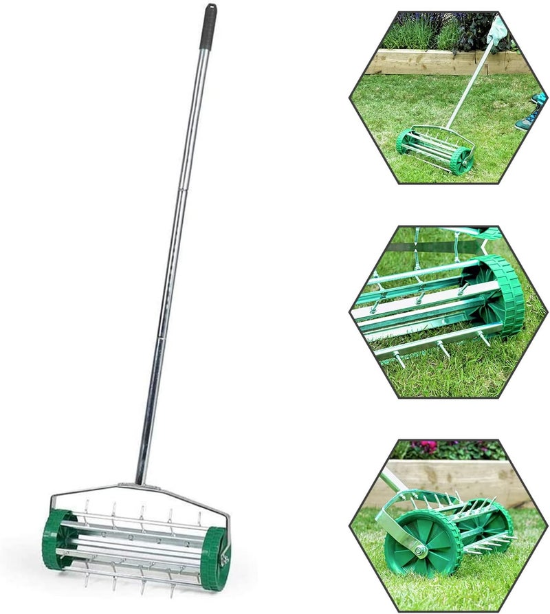 Crystals Lawn Aerator Roller – Garden Aerator Heavy Duty Metal Spikes - Rolling Lawn Aerator Tool with Adjustable Handle - Manual Garden Soil Aeration Tool with Non Slip Handle - Image 2