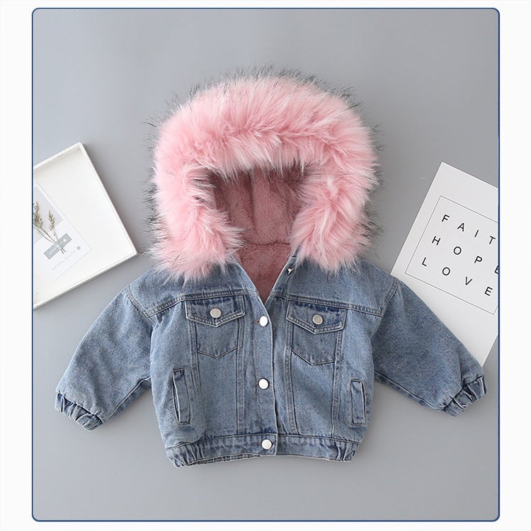 Girls' Fleece-Lined Denim Jacket, Baby Girl 2026 Short Hooded Top, Girls' Large Fur Collar Denim Jacket - Image 1