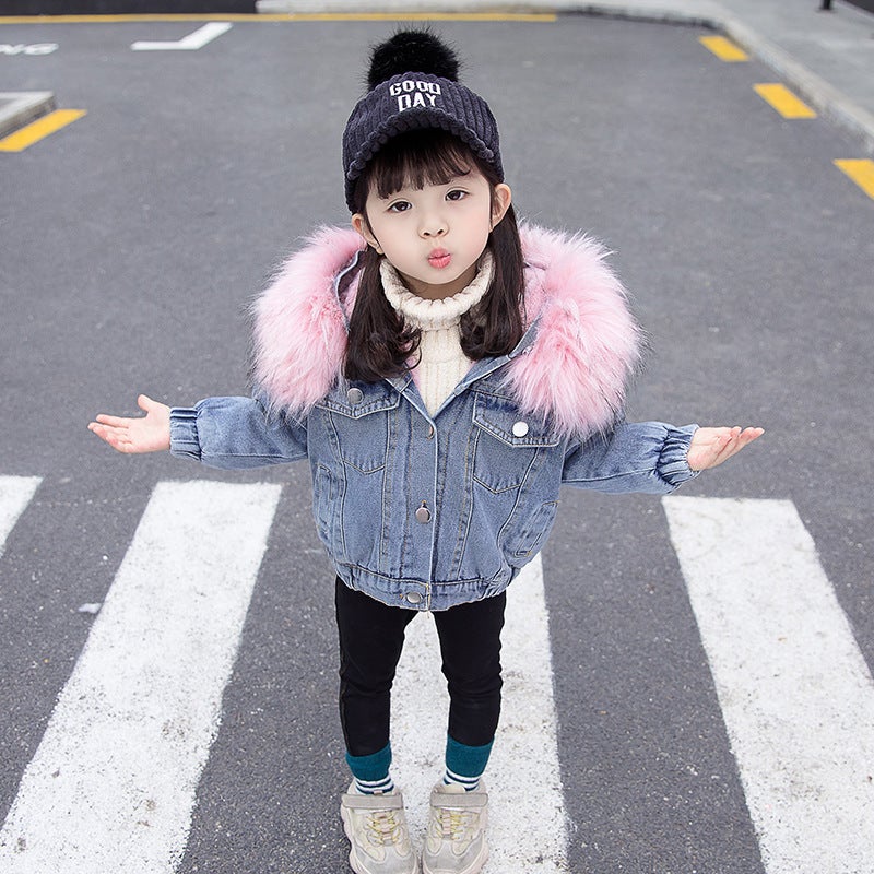 Girls' Fleece-Lined Denim Jacket, Baby Girl 2026 Short Hooded Top, Girls' Large Fur Collar Denim Jacket - Image 4