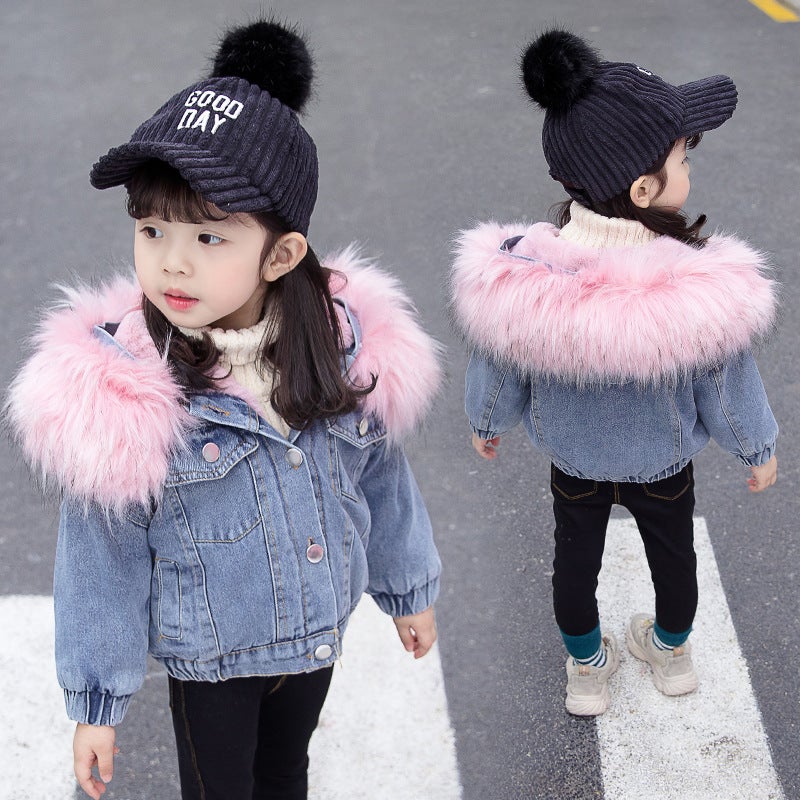 Girls' Fleece-Lined Denim Jacket, Baby Girl 2026 Short Hooded Top, Girls' Large Fur Collar Denim Jacket - Image 2