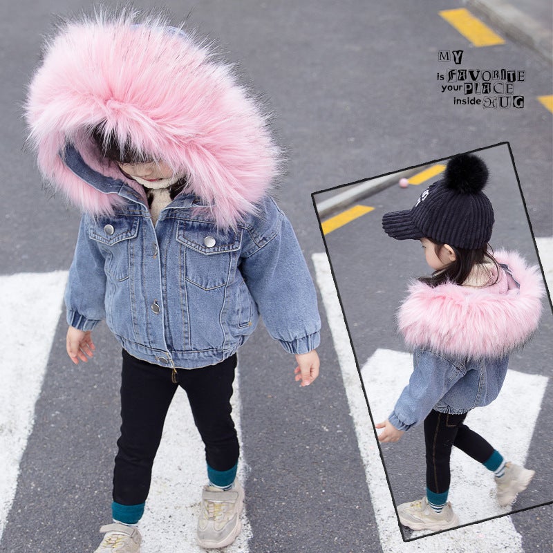 Girls' Fleece-Lined Denim Jacket, Baby Girl 2026 Short Hooded Top, Girls' Large Fur Collar Denim Jacket - Image 3