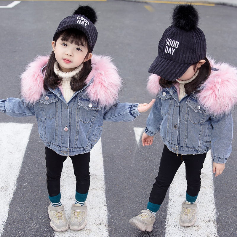 Girls' Fleece-Lined Denim Jacket, Baby Girl 2026 Short Hooded Top, Girls' Large Fur Collar Denim Jacket - Image 5