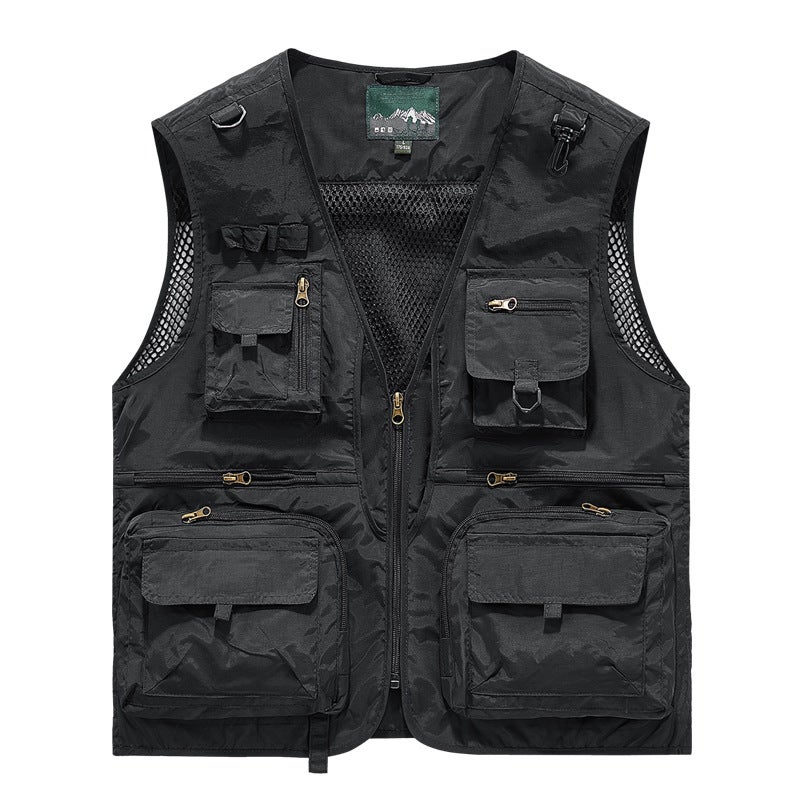 Cross-Border Wholesale Work Vest Mens Casual Work Outdoor Mountaineering Clothing Sleeveless Warm Multi-Functional Mesh See-Through Black