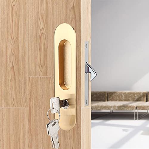 Segutage Anti Theft Sliding Door Lock Handle with Keys, Invisible Recessed Handle Latch, Pocket Door Lock for Pocket Door Barn Wood Door Interior Privacy Furniture Hardware Inside or Outside Locked (Gold) - Image 1