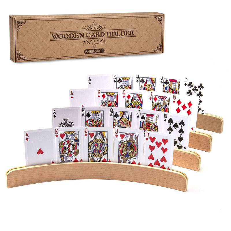 AMEROUS Wooden Playing Card Holders for Kids Seniors Adults Long Enough Curved Wood Tray Rack Organizer for Card Game Set of 4 - Image 2
