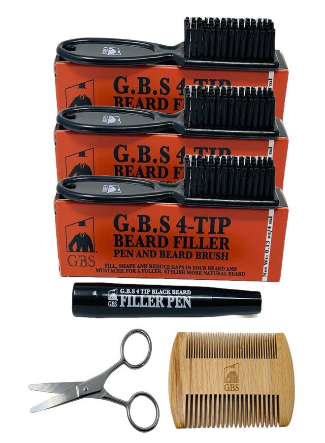 G.B.S Beard Filler Pencil for Men Waterproof Beard Pen and Beard Brush Long Lasting Natural Look, Mustache Repair Shape, Define and Style Facial Hair Trimming Scissors, Wooden Beard Comb (Black Pack of 3 - Image 1