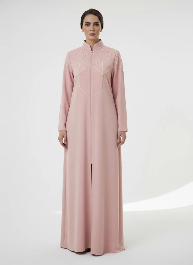 MSquare Fashion Geometric Panelled Design Pink Abaya with Plain Chiffon Headscarf