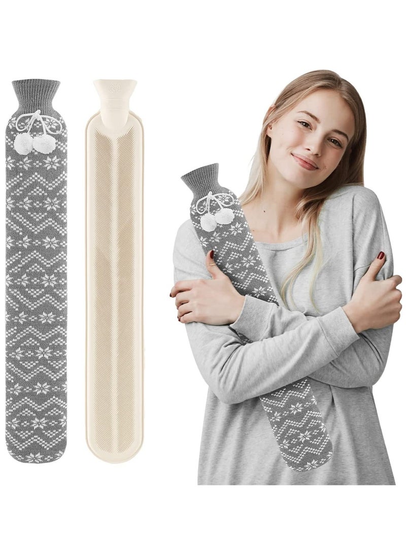 SYOSI Long Hot Water Bottle with Knitted Cover Neck Warm 2L Bed Soft Warmers for Shoulder Back Legs Body Pain Women Men Kids Gifts Grey Snowflake 72cm - Image 1