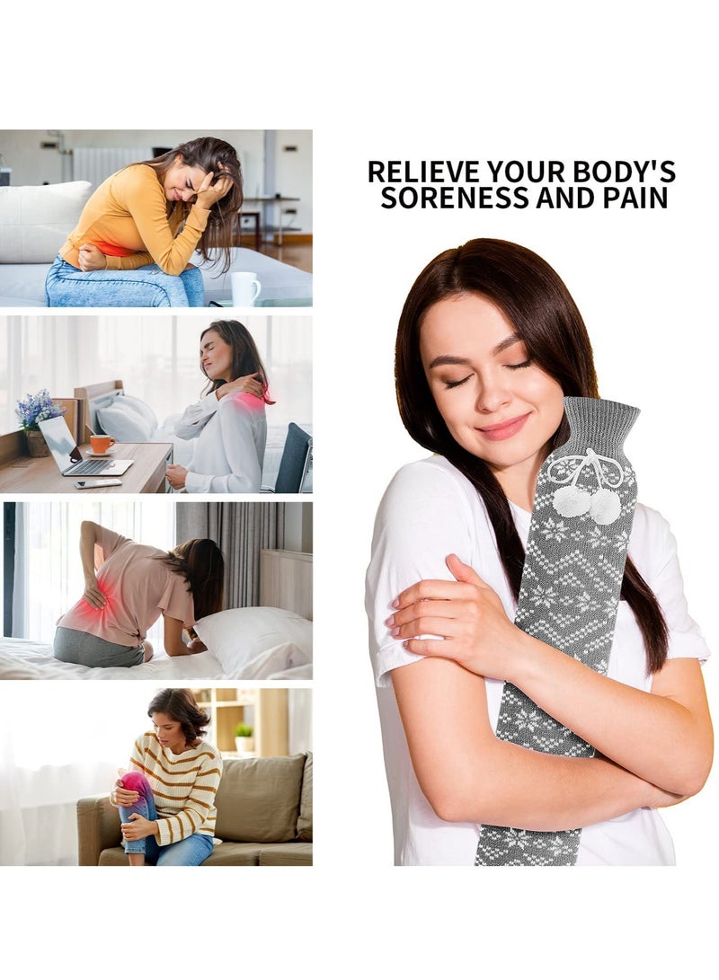 SYOSI Long Hot Water Bottle with Knitted Cover Neck Warm 2L Bed Soft Warmers for Shoulder Back Legs Body Pain Women Men Kids Gifts Grey Snowflake 72cm - Image 2