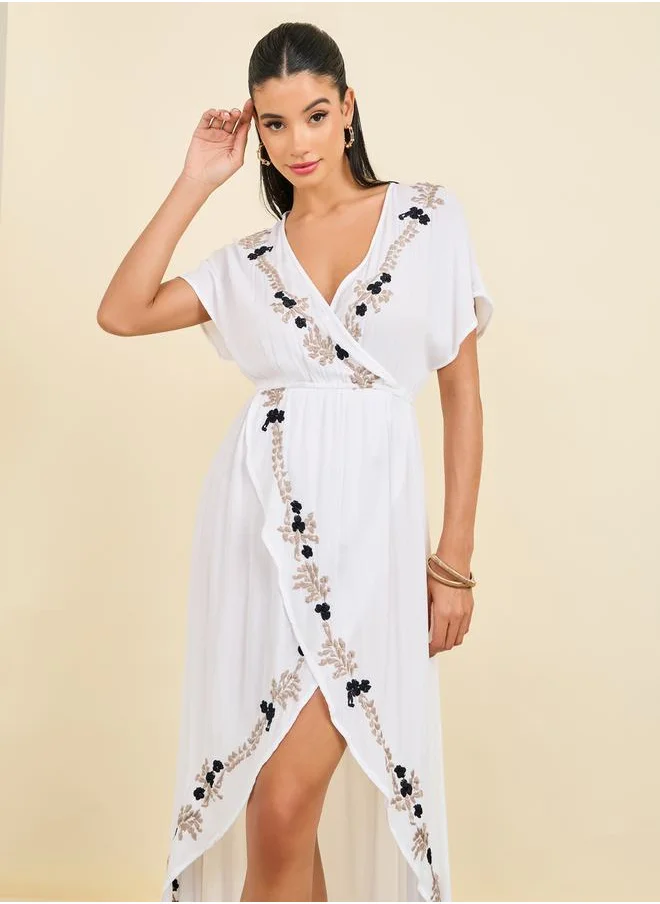 Styli Embroidered Asmmetric Hem Maxi Dress