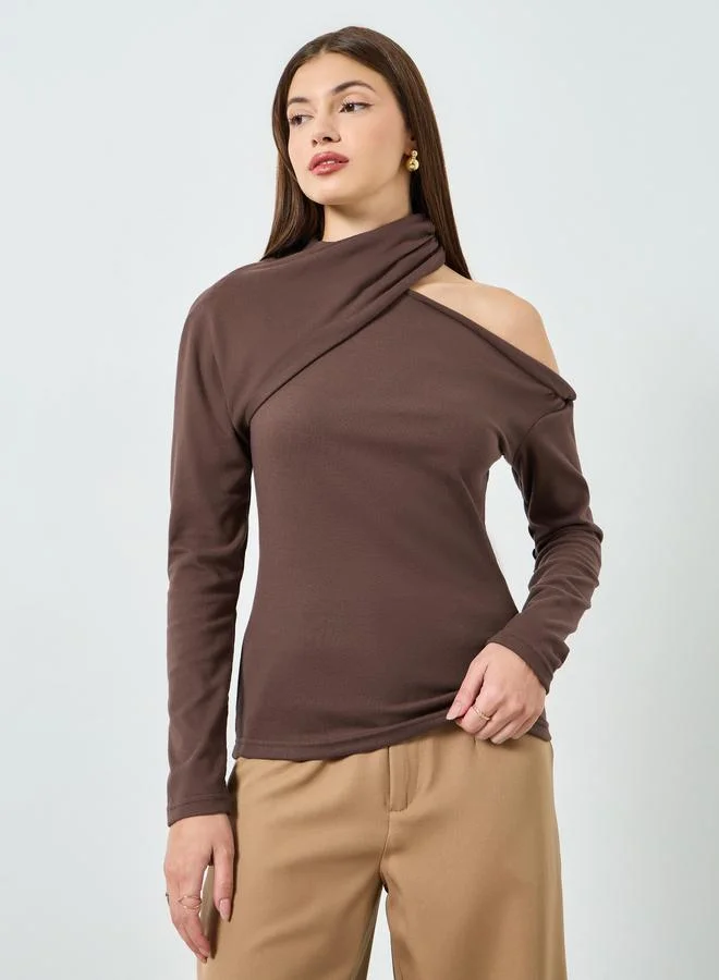 Styli Brown Twisted Neck Long Sleeve Knit Top