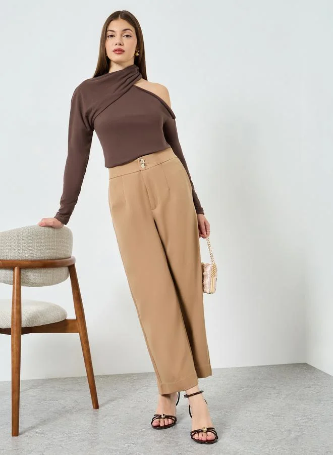 Styli Brown Twisted Neck Long Sleeve Knit Top