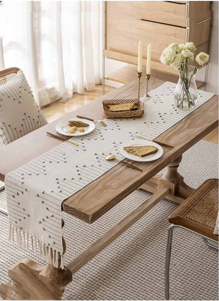 Kutis 1-Piece Embroidery Tassel Table Runner Cotton and Linen White/Grey 185x33 cm  - Image 1