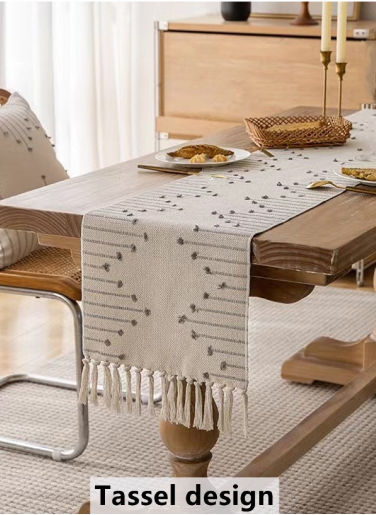Kutis 1-Piece Embroidery Tassel Table Runner Cotton and Linen White/Grey 185x33 cm  - Image 3
