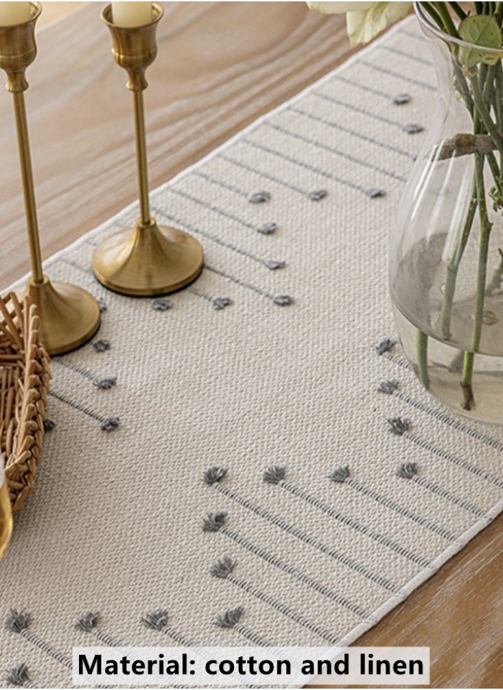 Kutis 1-Piece Embroidery Tassel Table Runner Cotton and Linen White/Grey 185x33 cm  - Image 4