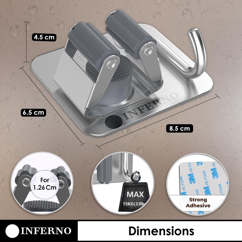 INFERNO 4 Pieces Stainless Steel Heavy Duty Wall Mounted Broom and Mop Stick Holder Hook for Hanging Tools of Home Kitchen Garden Laundry Garage Silver - Image 2
