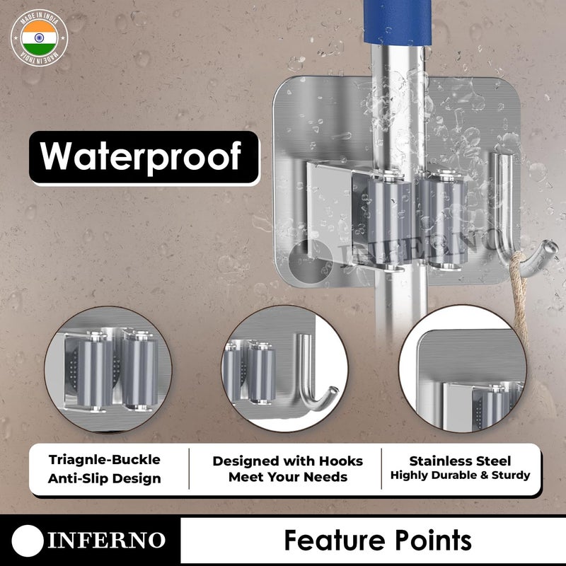 INFERNO 4 Pieces Stainless Steel Heavy Duty Wall Mounted Broom and Mop Stick Holder Hook for Hanging Tools of Home Kitchen Garden Laundry Garage Silver - Image 4