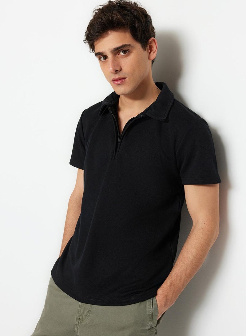 trendyol Limited Edition Black Regular/Normal Cut Pique Zippered Polo Neck T-Shirt - Image 1