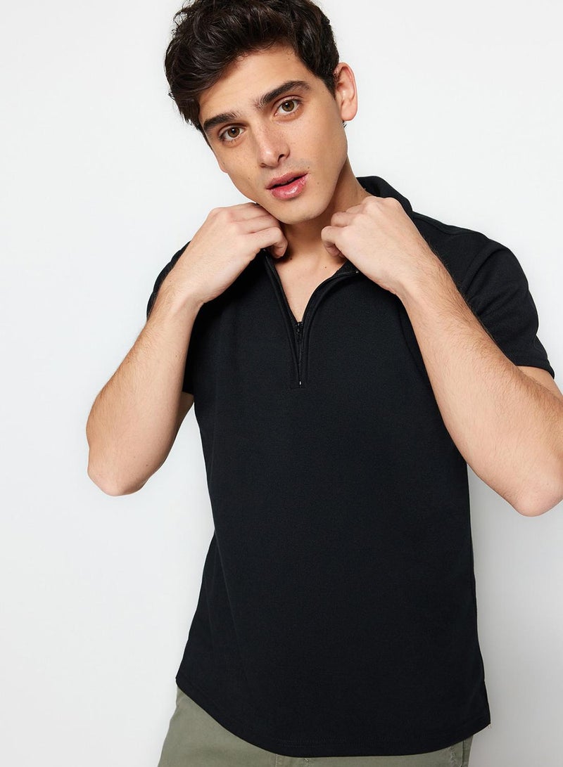 trendyol Limited Edition Black Regular/Normal Cut Pique Zippered Polo Neck T-Shirt - Image 3