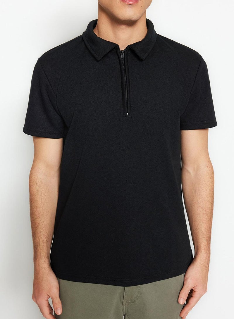 trendyol Limited Edition Black Regular/Normal Cut Pique Zippered Polo Neck T-Shirt - Image 4