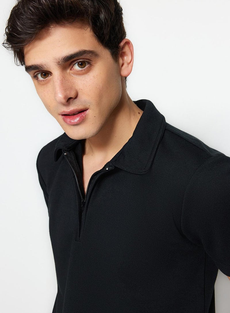 trendyol Limited Edition Black Regular/Normal Cut Pique Zippered Polo Neck T-Shirt - Image 2