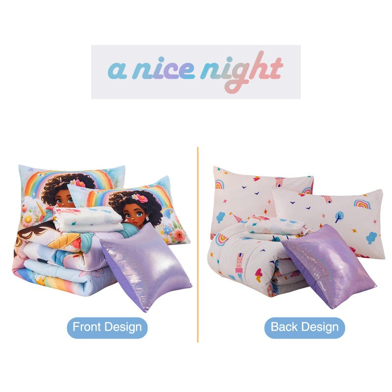 A Nice Night Princess Style Rainbow Unicorn Full Size Comforter Set for Girls - 6 Piece Flower Bedding Sets with Sheets, Breathable and Soft Polyester Fiber, Kids Comforter Set for Teen Girls,Full - Image 5