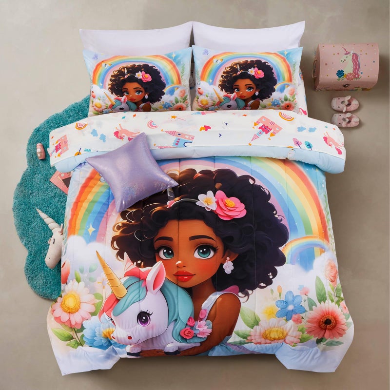 A Nice Night Princess Style Rainbow Unicorn Full Size Comforter Set for Girls - 6 Piece Flower Bedding Sets with Sheets, Breathable and Soft Polyester Fiber, Kids Comforter Set for Teen Girls,Full - Image 1