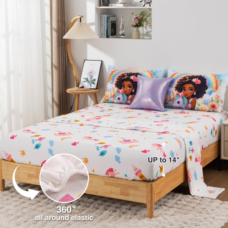 A Nice Night Princess Style Rainbow Unicorn Full Size Comforter Set for Girls - 6 Piece Flower Bedding Sets with Sheets, Breathable and Soft Polyester Fiber, Kids Comforter Set for Teen Girls,Full - Image 3