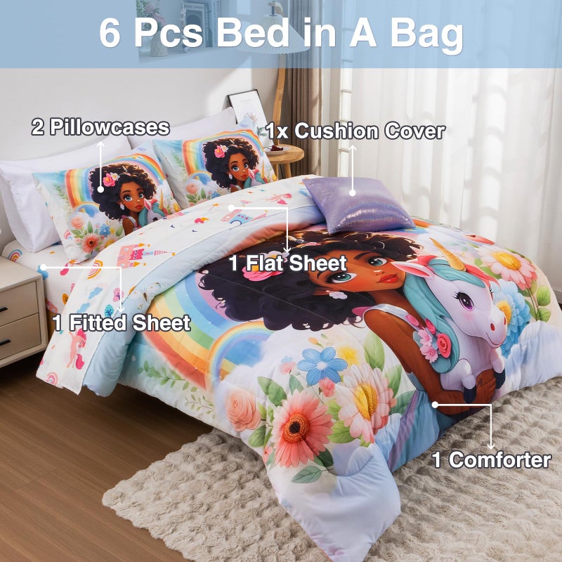 A Nice Night Princess Style Rainbow Unicorn Full Size Comforter Set for Girls - 6 Piece Flower Bedding Sets with Sheets, Breathable and Soft Polyester Fiber, Kids Comforter Set for Teen Girls,Full - Image 4