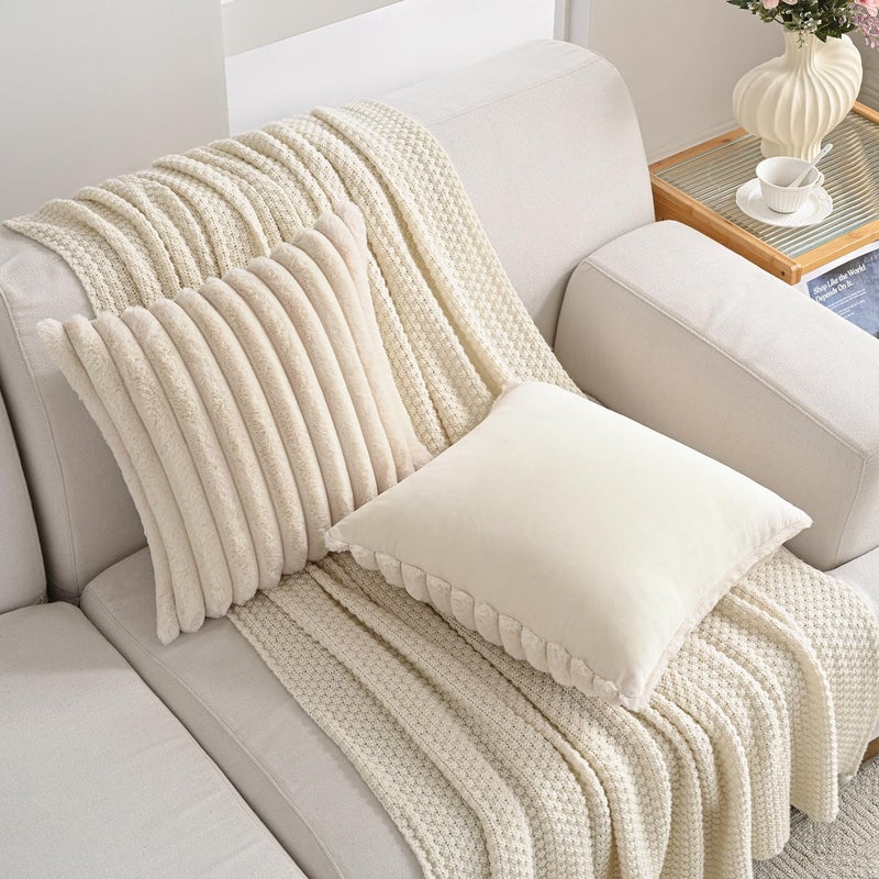 Volcanics Set of 2 Faux Fur Plush Decorative Throw Pillow Covers 18x18 Inches, Striped Cushion Cases Soft Fluffy Accent Pillowcases for Sofa, Couch and Bed, Beige - Image 2