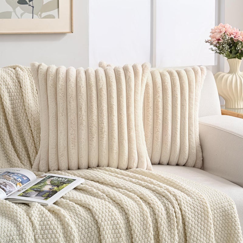 Volcanics Set of 2 Faux Fur Plush Decorative Throw Pillow Covers 18x18 Inches, Striped Cushion Cases Soft Fluffy Accent Pillowcases for Sofa, Couch and Bed, Beige - Image 5