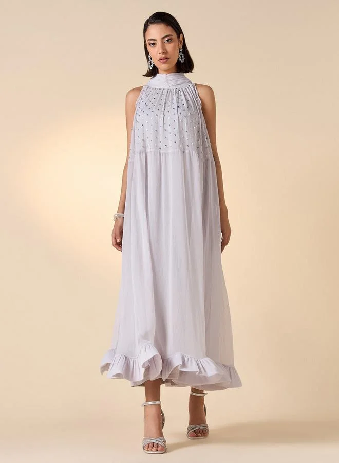 Iconic Iconic Embellished Sleeveless Maxi Dress with High Neck and Flounce Hemline