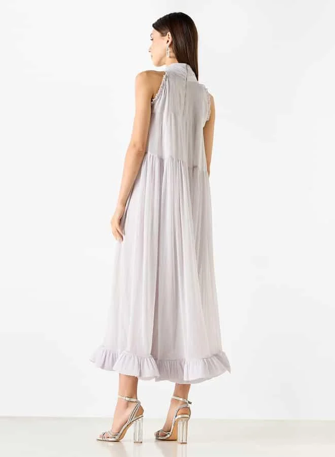 Iconic Iconic Embellished Sleeveless Midi Dress with High Neck and Flounce Hemline