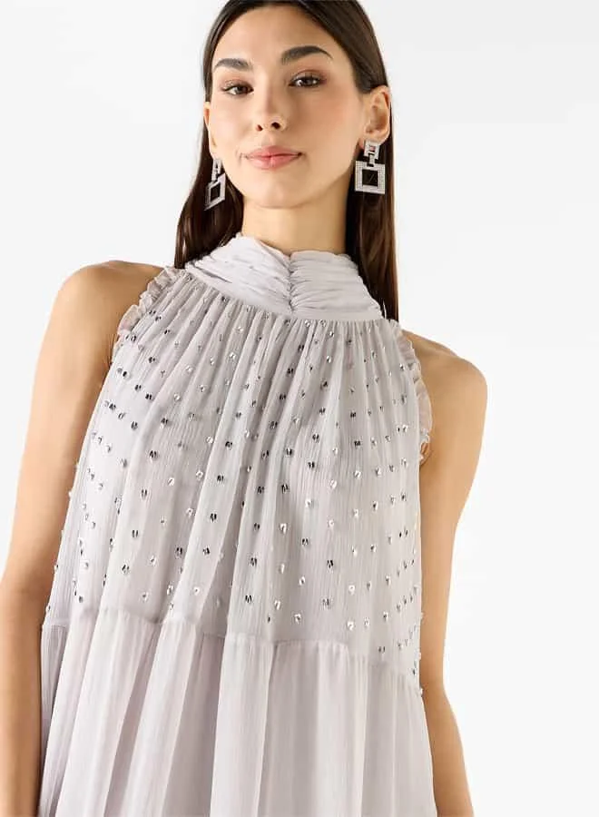 Iconic Iconic Embellished Sleeveless Midi Dress with High Neck and Flounce Hemline