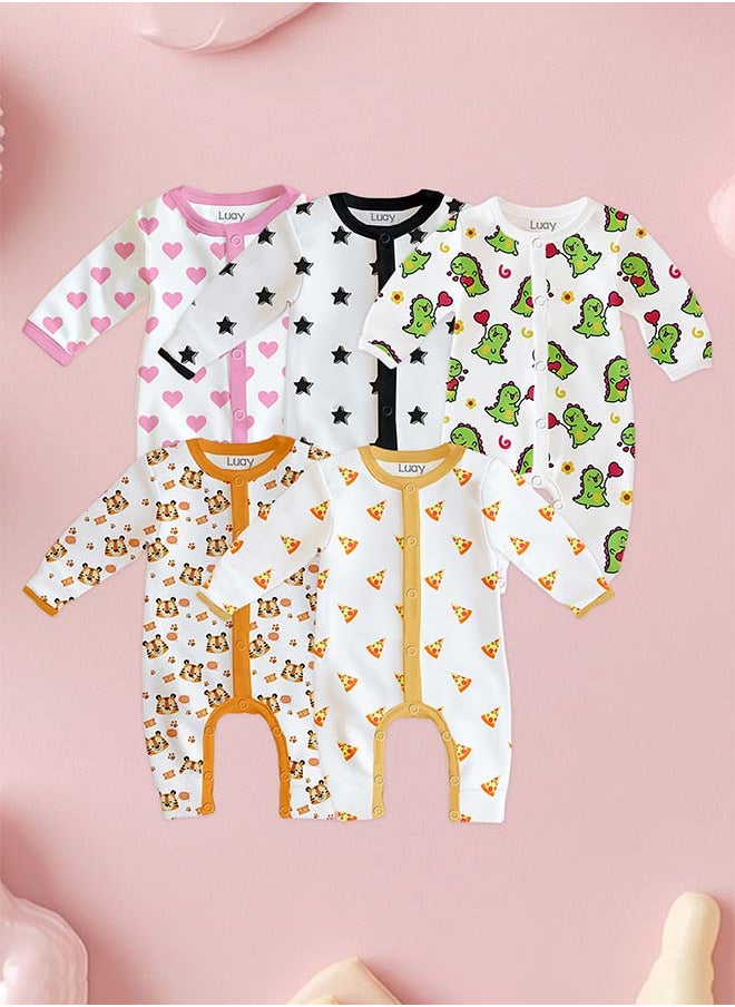 LUAY 100% Cotton Full Sleeves Baby Printed Romper,Sleepsuit for Baby Girls & Boys,_(Pack of 5)  - Image 1