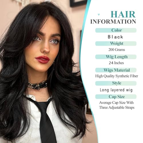 Aisaide Long Wavy Black Layered Wig with Curtain Bangs for Black Women,Synthetic Layered Long Wavy Wig Butterfly Haircut with Thin Hair for Women 24inch(1B) - Image 4