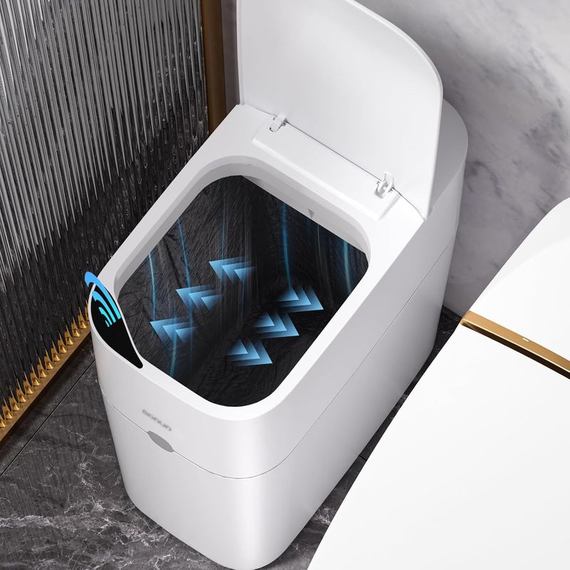 MOPUP Bathroom Trash Can, Automatic Bagging Garbage Can, 3.5 Gallon Slim Smart Small Plastic Trash Bin, Narrow Motion Sensor Trash Can for Bedroom, Office White - Image 1