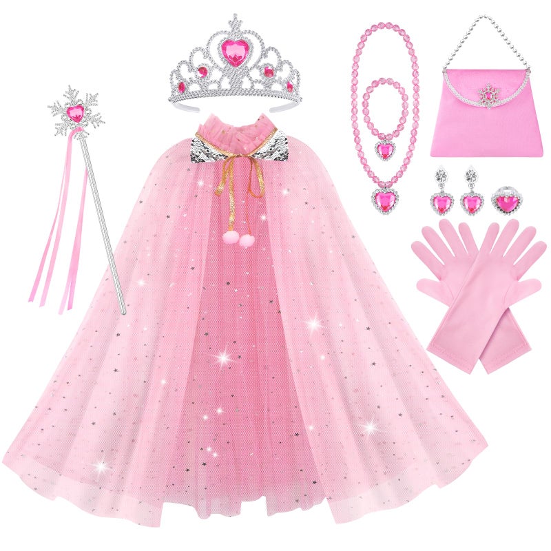 Vicloon 11PCS Princess Cape Set  Princess Dress Up Cloak With Crown  Wand  jewelry  and bag  Princess Dress Up Clothes for Little Girls  Princess Cape for 3+ Year Old Christmas Birthday Gifts(Pink) - Image 1