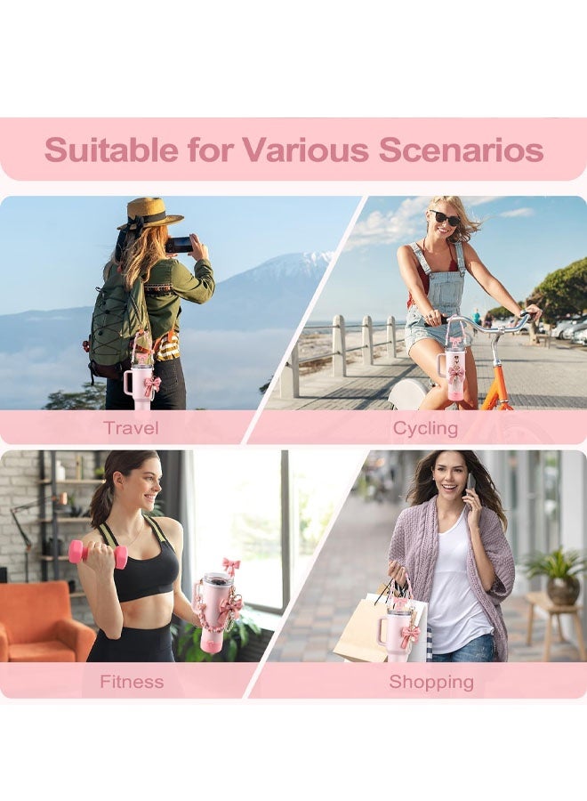 Cup Accessories Set,Bow Straw Cover, Water Bottle Handle Strap, Siliocne Cup Boot, Pearl Charms, Straw Topper for 40oz & 30oz Stanley Tumbler for Women (Pink) - Image 5