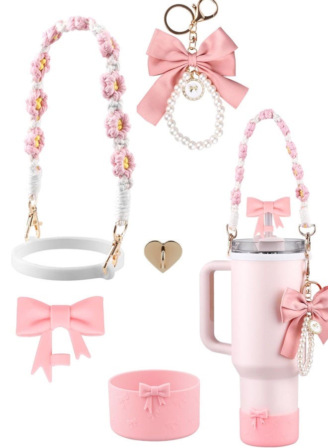 Cup Accessories Set,Bow Straw Cover, Water Bottle Handle Strap, Siliocne Cup Boot, Pearl Charms, Straw Topper for 40oz & 30oz Stanley Tumbler for Women (Pink) - Image 1