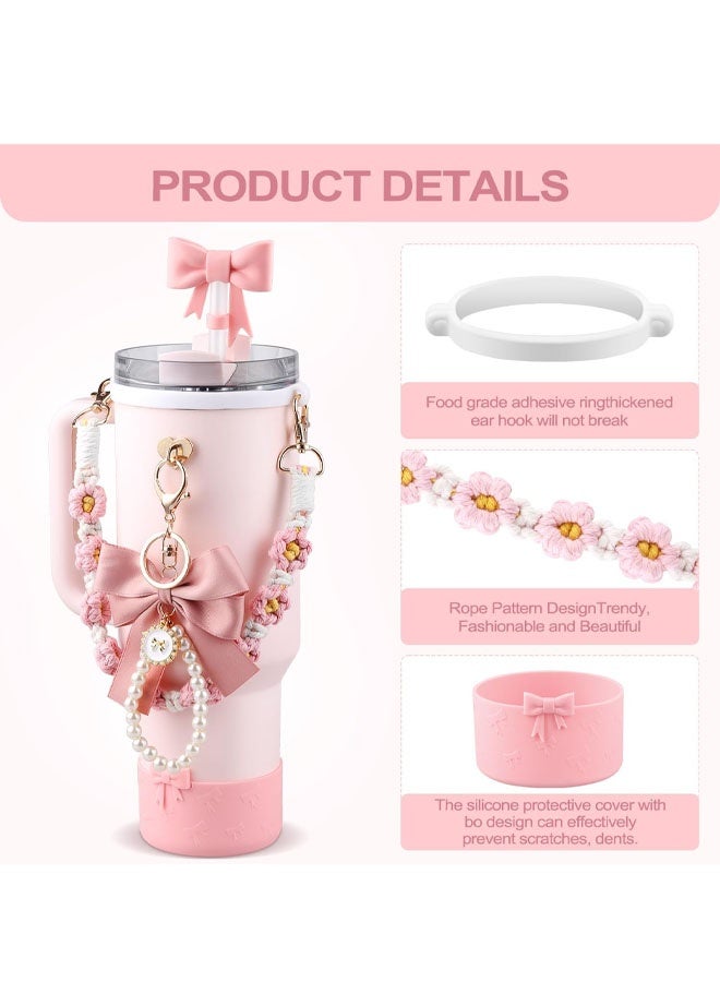 Cup Accessories Set,Bow Straw Cover, Water Bottle Handle Strap, Siliocne Cup Boot, Pearl Charms, Straw Topper for 40oz & 30oz Stanley Tumbler for Women (Pink) - Image 2