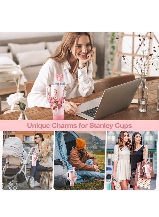 Cup Accessories Set,Bow Straw Cover, Water Bottle Handle Strap, Siliocne Cup Boot, Pearl Charms, Straw Topper for 40oz & 30oz Stanley Tumbler for Women (Pink) - Image 4