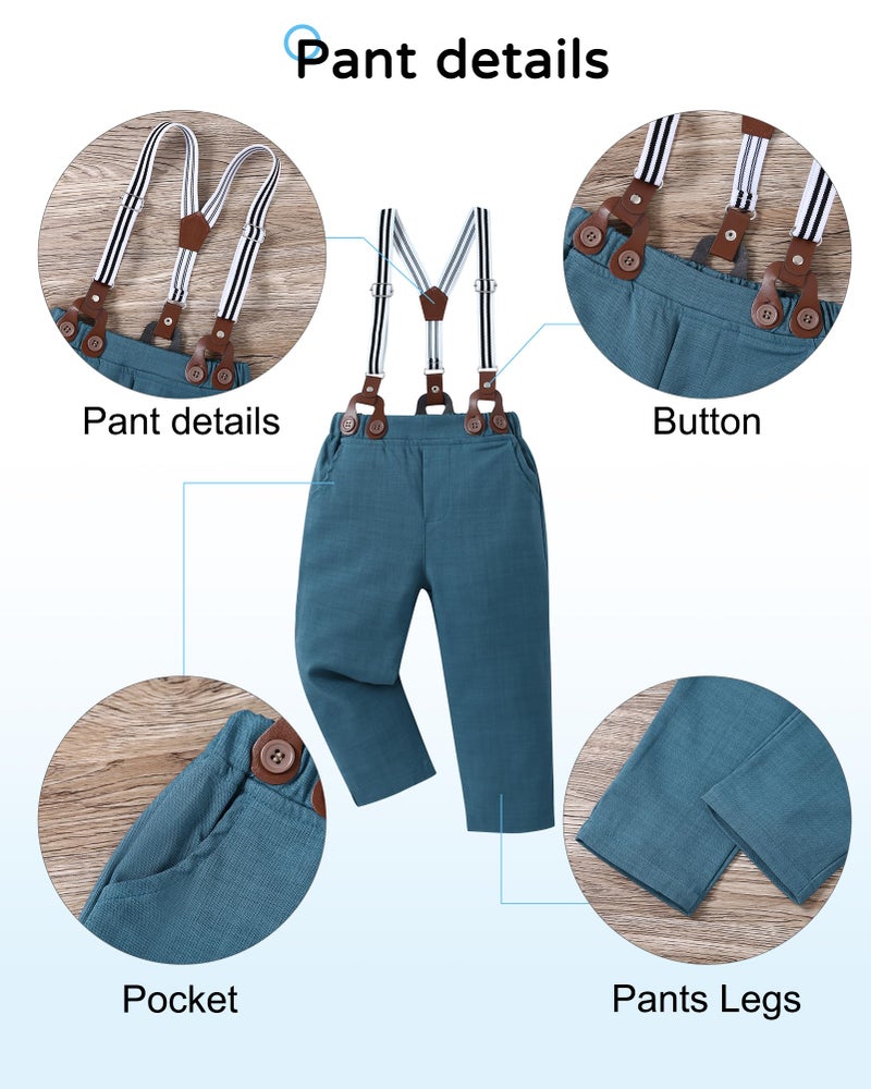 YALLET Toddler Baby Boy Clothes Suit Gentleman Wedding Outfits, Formal Dress Shirt+Bowtie+Suspender Pants(Blue Print, 3-4T) - Image 4
