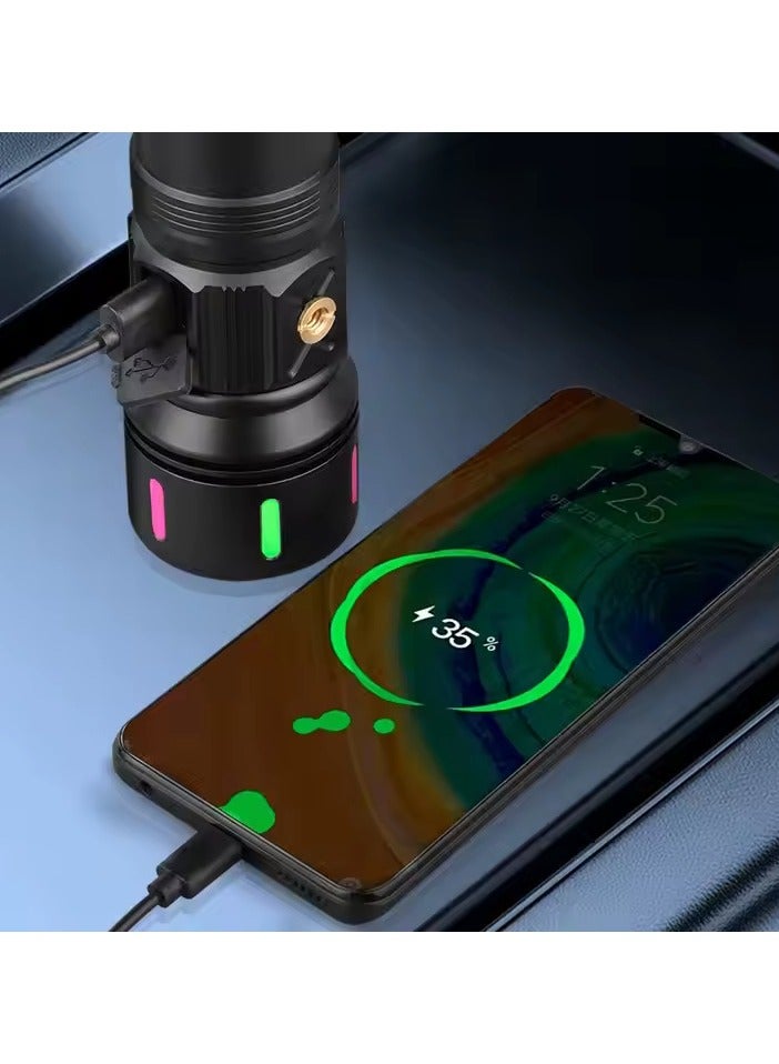 Handheld flashlight with adjustable digital display, zoom feature, counterfeit currency detection feature, and works as a power bank for phones, multi-colored - Image 2
