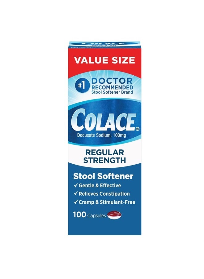 COLACE Regular Strength Stool Softener 100 mg Capsules 100 Count Docusate Sodium Stimulant-Free for Gentle, Dependable Occasional Constipation Relief - Image 1