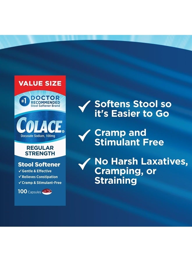 COLACE Regular Strength Stool Softener 100 mg Capsules 100 Count Docusate Sodium Stimulant-Free for Gentle, Dependable Occasional Constipation Relief - Image 5