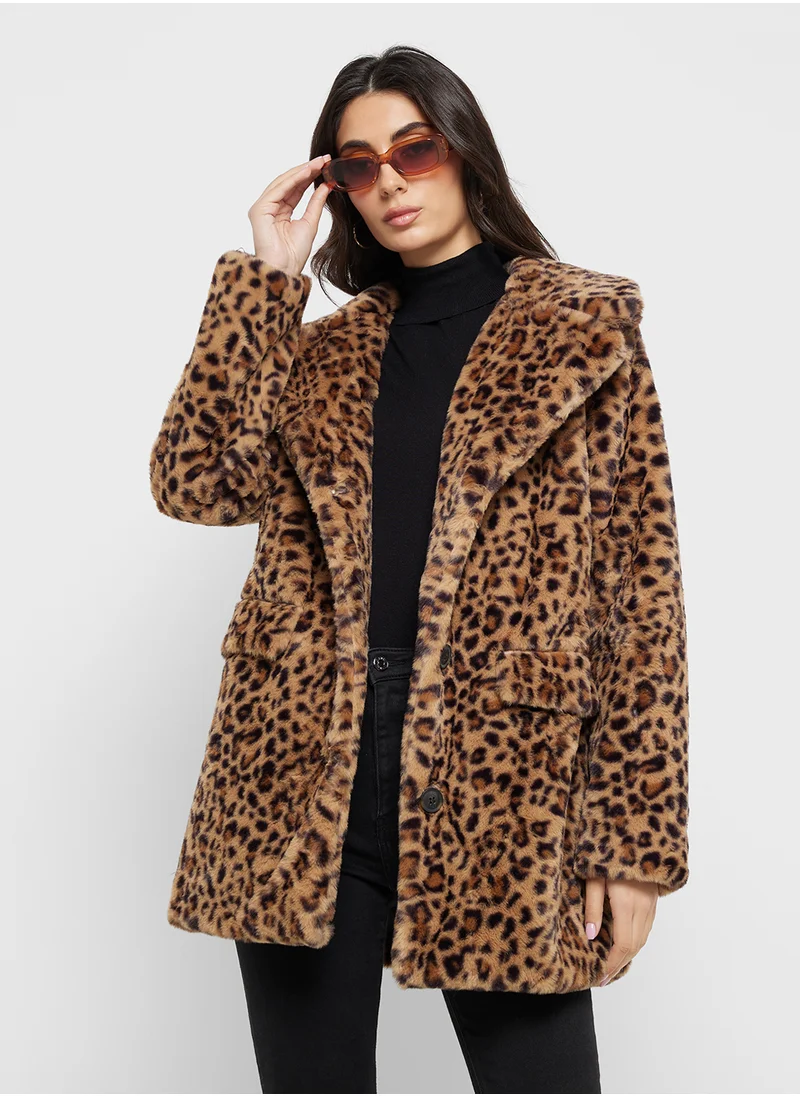 VERO MODA Leopard Print Faux Fur Jacket