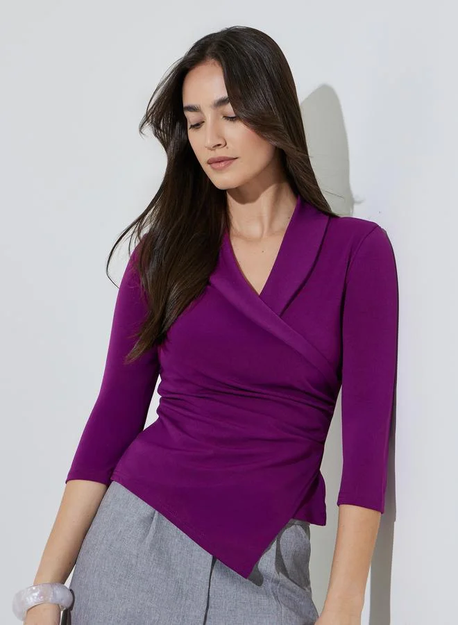 Styli Purple Solid Gathered Detail Wrap Top with 3/4 Sleeves