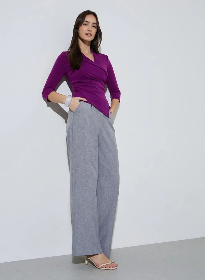 Styli Purple Solid Gathered Detail Wrap Top with 3/4 Sleeves