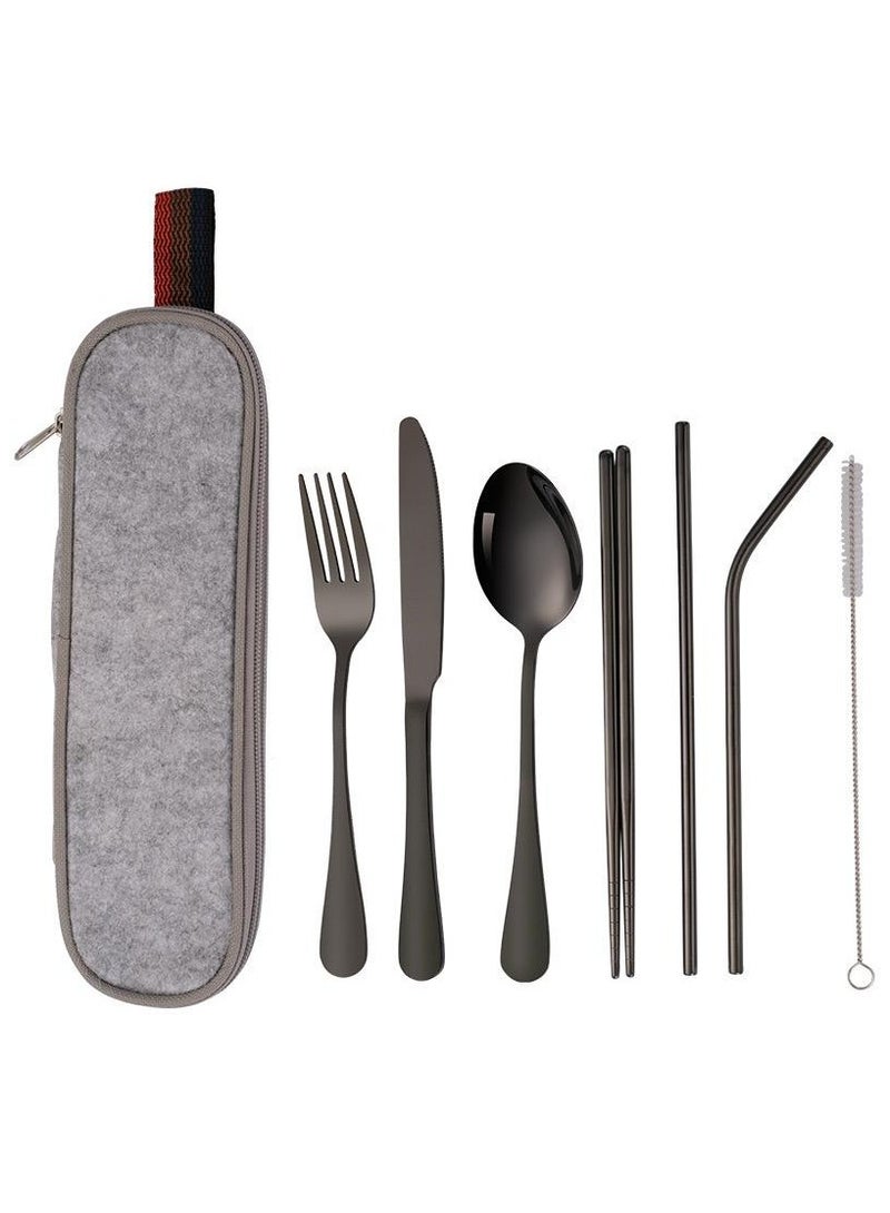 Cutlery Set – Black Stainless Steel Cutlery, Travel Cutlery with Bag (8 PCS) - Image 1